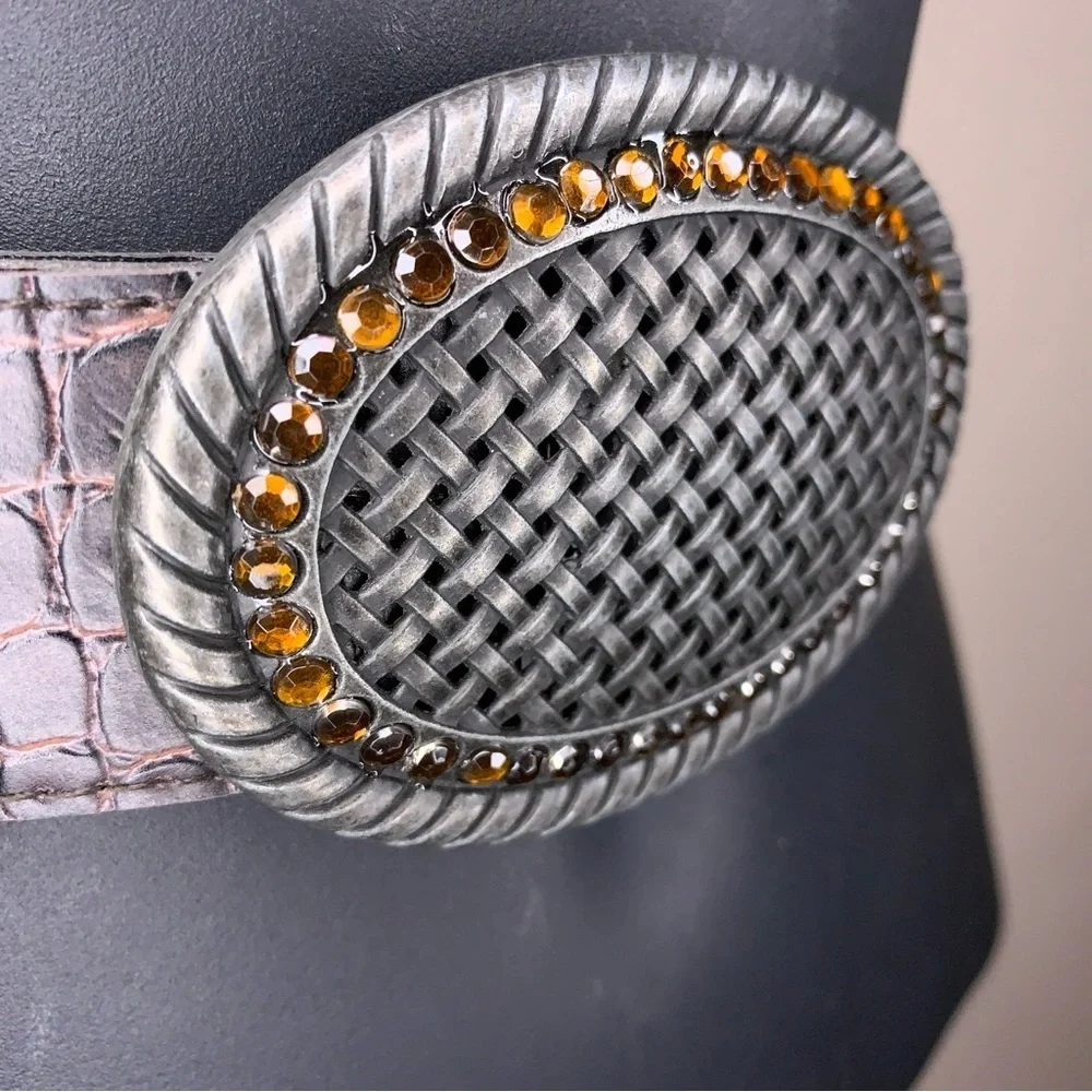 Size 14 Belt Rhinestone Brown Faux Leather Silver Buckle Western Woven Look